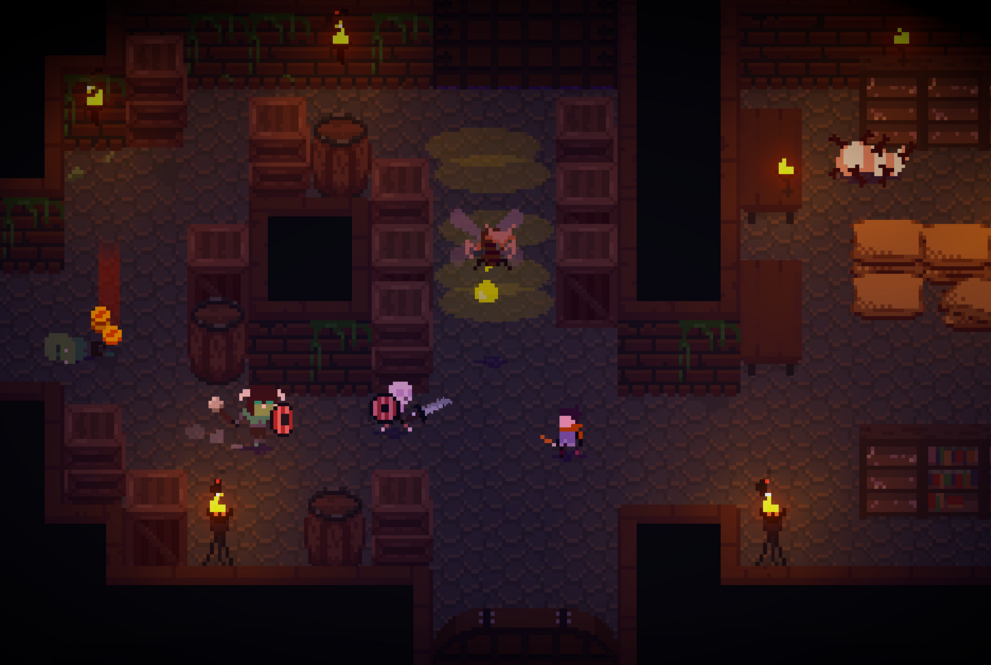 Tela do jogo mostra um arqueiro humano em uma taberna, rodeado de inimigos com luminosidade por meio de tochas de fogo. Arte em pixel.