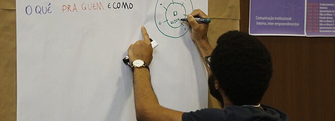 homem escreve em cartolina fixada na parede