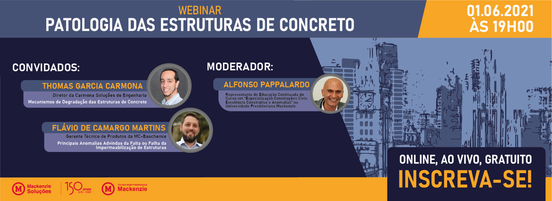 A capa da notícia do webinar é um banner com o nome do evento "Patologia das estruturas de concreto", com o nome dos participantes, moderador, data e horário que o evento acontece. 