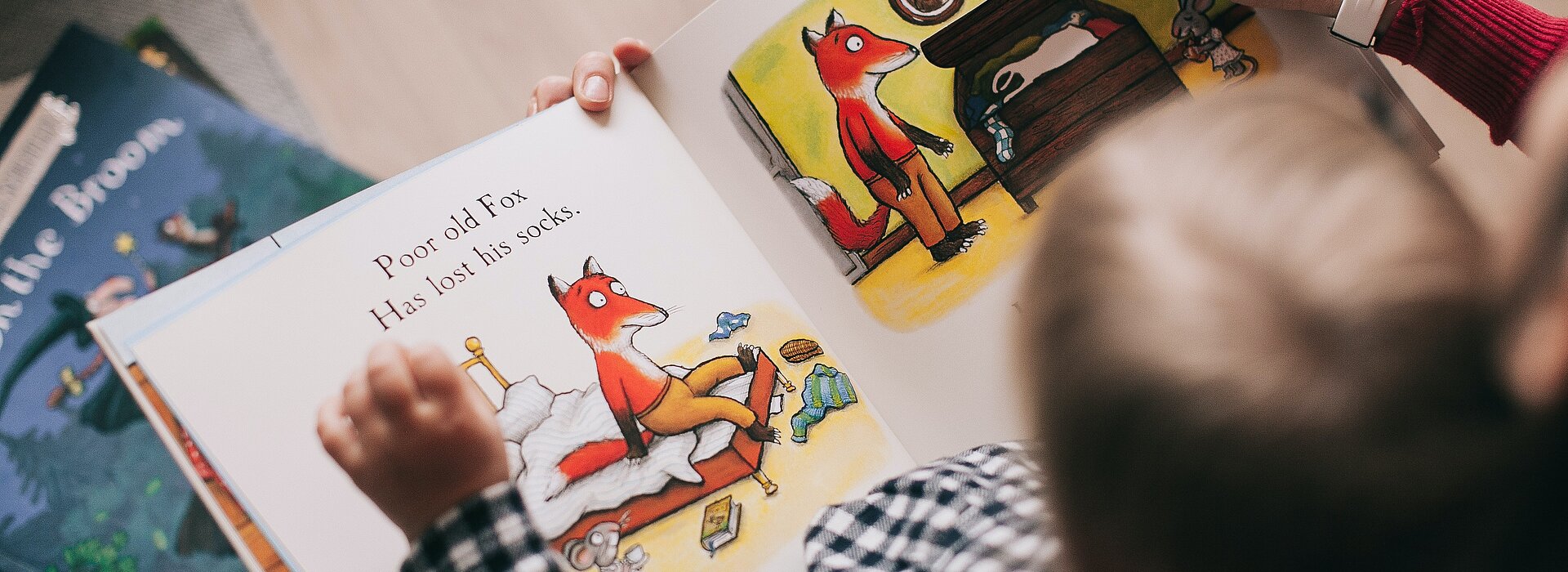 A foto foi tirada de cima e mostra a cabeça de uma criança e suas mãos em cima de um livro, com ilustrações de uma raposa. A criança está acompanhando por um adulto, porque conseguimos ver a mão de uma mulher adulta, ajudando a criança na leitura.