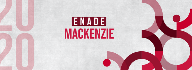 banner com fundo cinza predominante e símbolos abstratos na cor vermelha. Ainda é possível distinguir na imagem os dizeres "Enade Mackenzie" e 2020