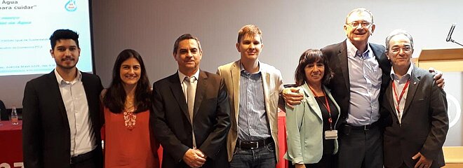 Luan Alves (Tetra Pak), Renata Riggiero (Instituto Iguá), prof. Edi Trindade (Direito), prof. Jorge Paixão (Eng. Civil), prof.ª. Rosani Novaes (Direito/Eng. Civil), Francisco Lahóz (PCJ), e prof. Gilson Novaes (Diretor do CCT).