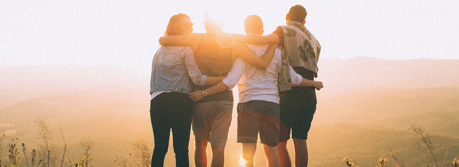 Imagens com 4 jovens de costa assistindo o pôr do sol