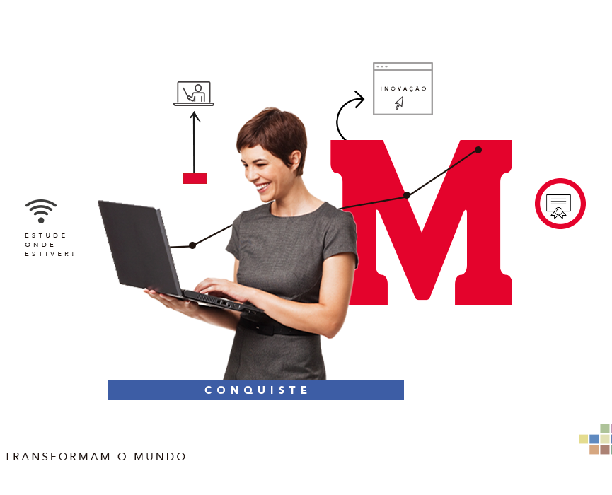 A foto de capa mostre uma mulher com um computador na mão e o logo do Mackenzie atrás. Ao lado direito está escrito "Descontos especiais nas mensalidades do curso" 