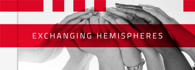 A imagem mostra várias mãos unidas, com o escrito em cima "Exchanging Hemispheres". A foto está em preto e branco, mas os detalhes ao redor são em vermelho. 