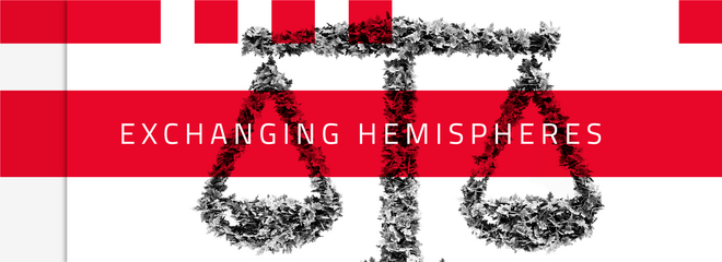 Na imagem, a balança, símbolo do direito, está no centro da arte. A arte tem três cores, preto, branco e vermelho e com o nome do programa Exchanging Hemispheres no centro.
