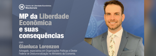 Foto do palestrante ao lado direito, com fundo azul. O lado esquerdo possui informações em branco.