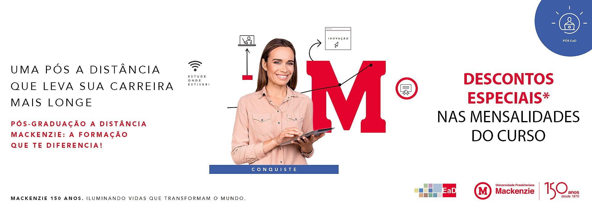 Banner sobre as inscrições para a Pós-Graduação EaD do Mackenzie.