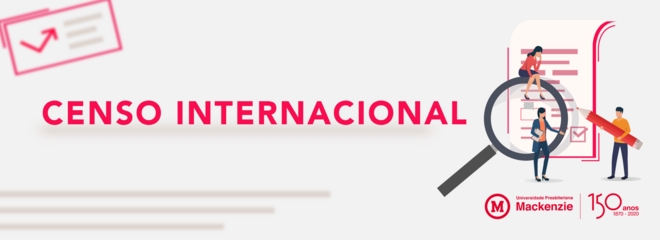 imagem´de desenhos de pessoas próximas a um formulário, com uma lupa maior em primeiro plano. A imagem traz tons de cinza, branco e vermelho com dizeres "Censo Internacional"