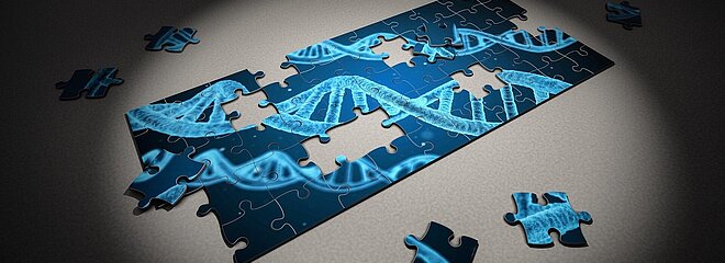 imagem de um quebra-cabeça semimontado com o desenho de um DNA em tons azuis