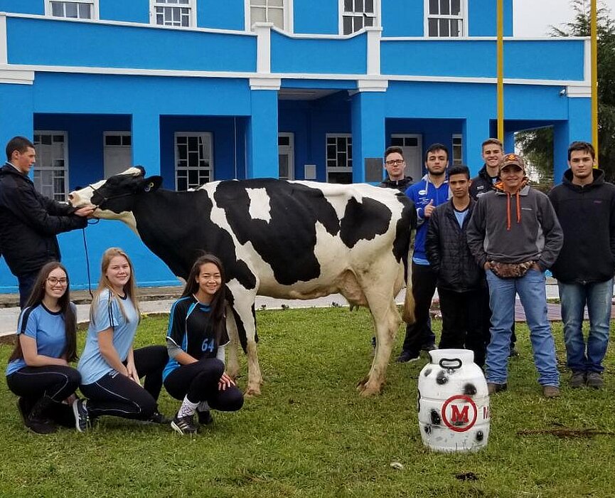 Alunos vitoriosos posam ao lado da vaca vice-campeã