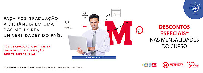 A arte conta com informações sobre as matrículas, que também estão no texto, além de ter um homem no centro da arte, segurando um notebook. O logo do Mackenzie está atrás dele. 
