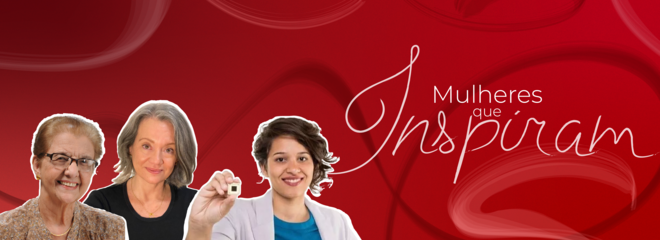 A imagem de capa é uma ilustração, com as fotos das professsores Maria Helena, Adriana e Cecília. O fundo é vermelho. Do lado direito tem uma frase "Mulheres que inspiram" 