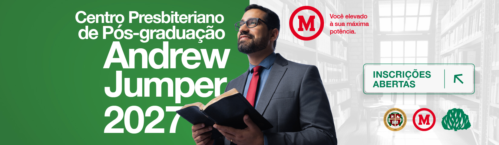 Banner do curso de Pós-graduação Andrew Jumper 2027 do Centro Presbiteriano de Pós-graduação, com inscrições abertas.
